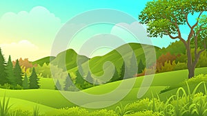 Lush green valley with mountain slope and trees vector illustration