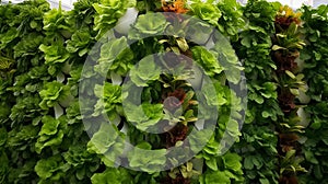 Lush greenery forming a vertical garden on a white wall.