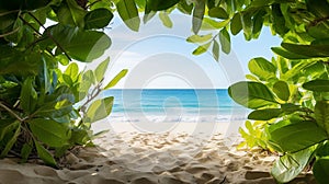 Lush greenery frames a beach of glowing white sand.AI Generated