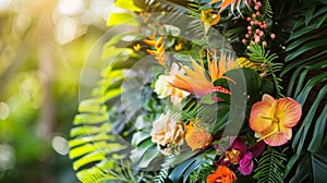 Lush greenery and tropical blooms frame this podium image transporting you to a dreamy island paradise. .