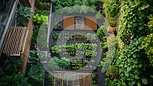 Lush greenery and vibrant plants in a neatly organized urban garden from above.