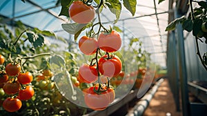 Lush greenhouse tomatoes with varying ripeness, bathed in soft natural light nikon d850, f8