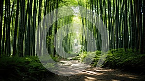 Lush greens and strong vertical lines of trees in a bamboo grove