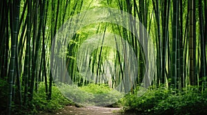 Lush greens and strong vertical lines of trees in a bamboo grove