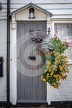 A lush hanging basket next to a grey wooden door
