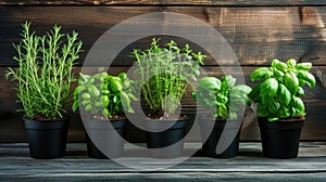 Lush herb garden in wooden planters on a dark background