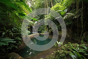 lush jungle with waterfall and pool, ideal for swimming