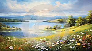 A lush landscape painting of a river winding through a field of colorful wildflowers. Seamless looping video animated virtual