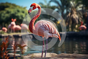 Lush lawn backdrop Graceful pink flamingo by exotic palm trees