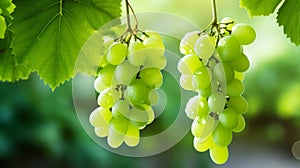 Lush macro view of green grapes hanging on a vine branch in a picturesque vineyard background