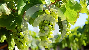 Lush macro view of green grapes hanging on a vine branch in a picturesque vineyard setting