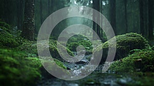 A Lush, Moss-Covered Forest Floor Bathed in Rain