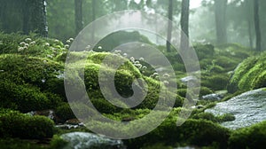 Lush, Moss-Covered Forest Floor with Rain and Flowers