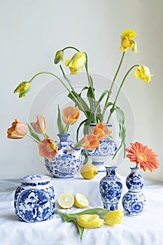 A Lush natural light stillife with old Dutch Delft blue lidded vase with yellow and orange tulips a gerbera and lemons on white