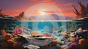 Lush Ocean Scene Painting With Detailed Corals And Sunrays