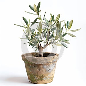 A lush olive tree in a rustic pot, isolated on white, symbolizing peace and growth.