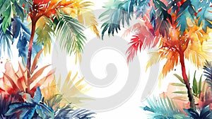 Lush palm trees and foliage in a vibrant watercolor tropical scene