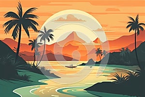 Lush palms frame a tranquil lagoon as the sun sets, casting a golden glow over an idyllic tropical scene