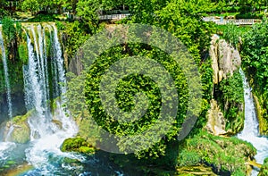 Lush park of Upper Duden Waterfall, Antalya, Turkey