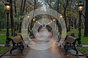 Lush park with wooden benches and streetlights on a rainy day