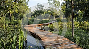 In a lush park a wooden boardwalk winds through a serene wetland providing not only a scenic walking path but also