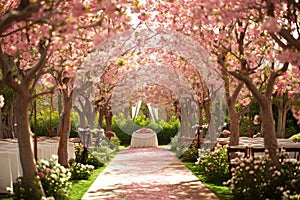 Lush Pathway Adorned With Pink Flowers and Trees, A garden filled with blooming cherry blossoms for a spring wedding set up, AI