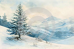 Lush pine tree in the foreground of a stark winter mountain, brought to life with watercolor washes photo