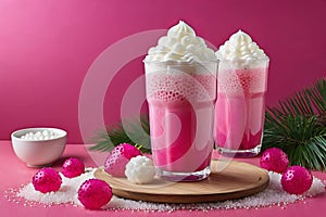 Lush pink bubble tea adorned with fluffy whipped cream and chewy tapioca pearls on a festive backdrop.