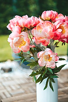 Lush pink peonies fill a white vase with vertical ridging