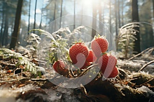 Lush and plentiful wild strawberries growing abundantly on a beautifully sunny day in the forest photo