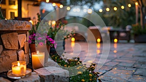 Lush potted plants and candles lining the edge of the fire pit area adding to the cozy atmosphere. 2d flat cartoon