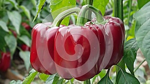Lush red bell peppers thriving in greenhouse, glossy and ripe, ideal for healthy harvests