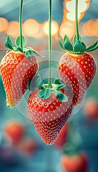 Lush ripe strawberries in greenhouse, perfect for picking in a vibrant and fruitful setting