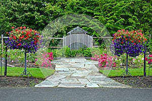 Lush spring garden entrance