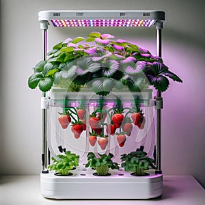 Lush strawberries thriving under LED lights in an indoor hydroponic system