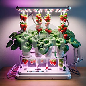 Lush strawberries thriving under LED lights in an indoor hydroponic system