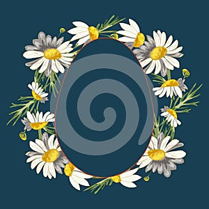 A lush, thick, beautiful wreath of field daisies on a classic blue background with a plate in the form of an egg with a fringing.