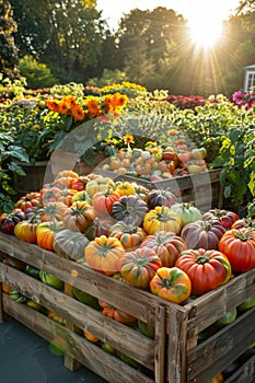 Lush tomato garden with red and yellow tomatoes in crate, cherry sized to beefsteak varieties photo