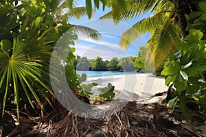 lush tropical flora contrasting with beach sands of a desert island