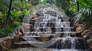 Tropical garden waterfall with rocks and plants