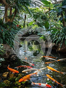 Lush tropical greenhouse with koi pond