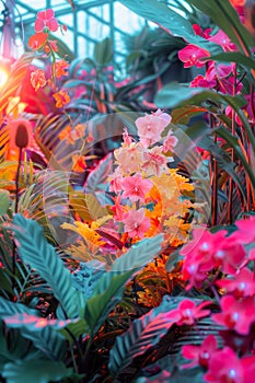 Lush Tropical Greenhouse Paradise with Vivid Orchids and Exotic Plants Bathed in Warm Sunlight