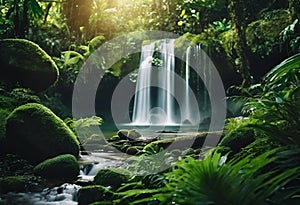 a lush tropical jungle environment, with a majestic waterfall cascading in the background