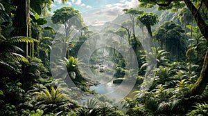 Lush tropical rainforest adorned with abundant foliage an a river. Generative AI