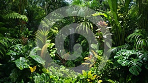 Lush tropical rainforest with dense vegetation and waterfall