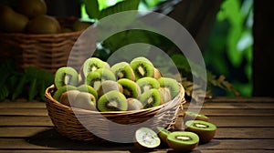 Lush tropical scene featuring a delightful basket of sliced kiwis