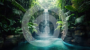 Lush tropical waterfall in the jungle with green plants and blue water