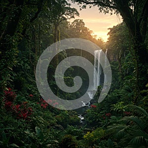 Lush Tropical Waterfall Sunset