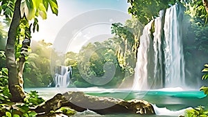 Lush tropical waterfall in a vibrant jungle