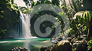 Lush tropical waterfall in a vibrant jungle